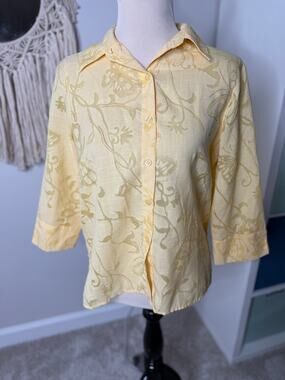 Vtg Butter Yellow Butterfly Shimmer Lightweight 3/4 Sleeve Button-up Top 8P